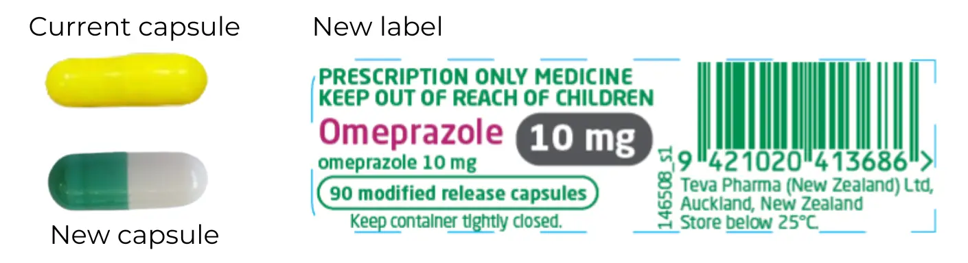 Current 10 mg capsule is yellow, the new one is green and white. The label has "10 mg" in a prominent grey lozenge. .