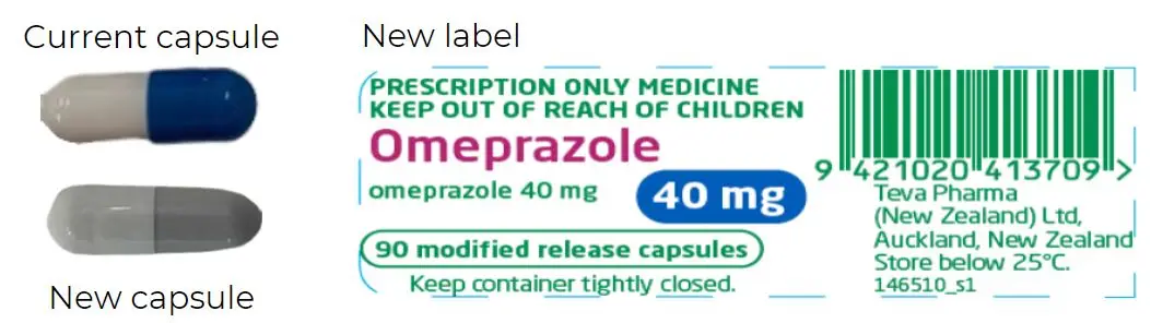 Current 40 mg capsule is two shades of grey, the new one is royal blue and white. The label has "40 mg" in a prominent blue lozenge. .