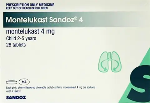 Front of Montelukast Sandoz 4 mg medicine pack for children aged 2 to 5 years. Pack contains 28 chewable tablets and features a simple green lungs icon on the front. 