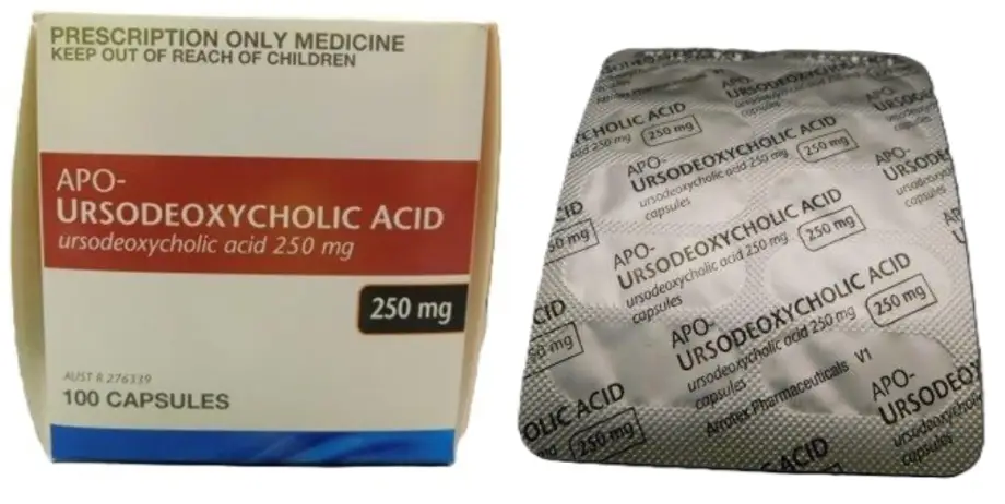 The box is mostly white, it has an orange band with the brand name and details written in white, there's a blue band around the bottom. The blister pack has silver foil with Apo-Ursodeoxycholic Acid written prominently.. 