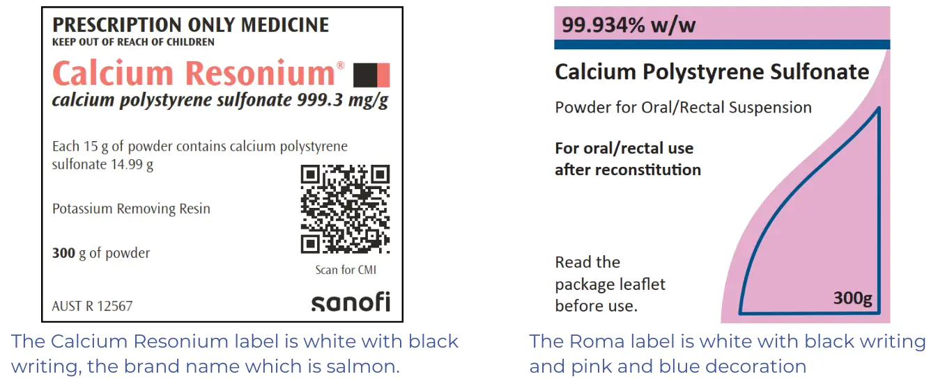 labels for both products are white with black text. Roma has pink and blue highlights, Calcium Resonium only has the brand name in salmon.. 