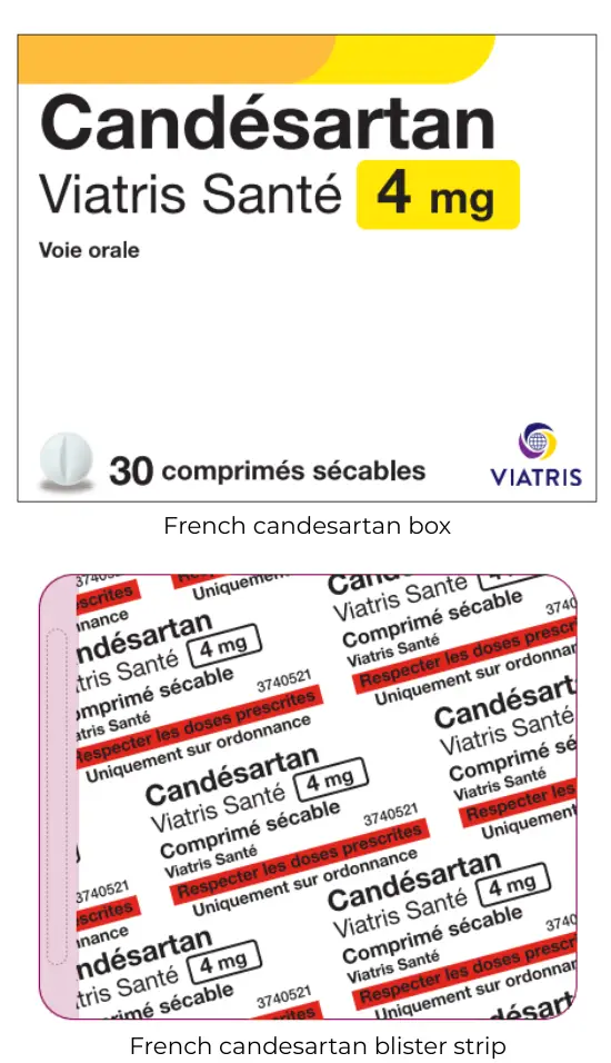 Box has yellow orange highlights and French text. The blister strip has black, French text. There's a red block with text saying to follow the prescribed dose (in French).. 