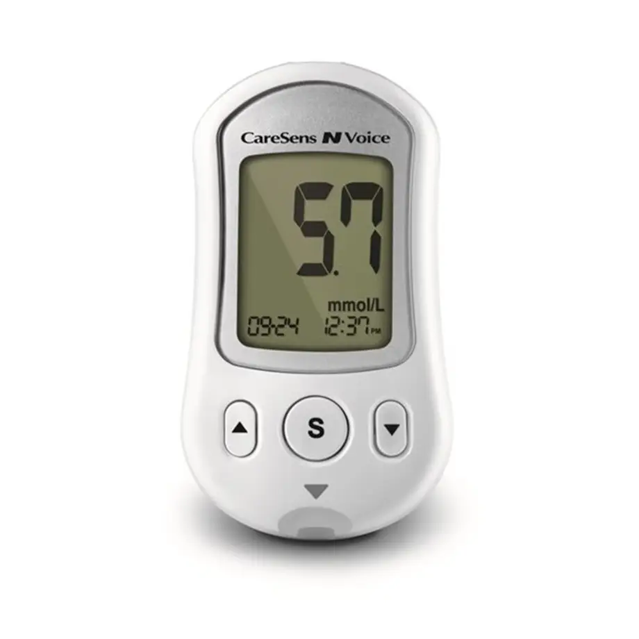 CareSens N Voice meter is white with a large screen displaying your blood glucose levels.. 