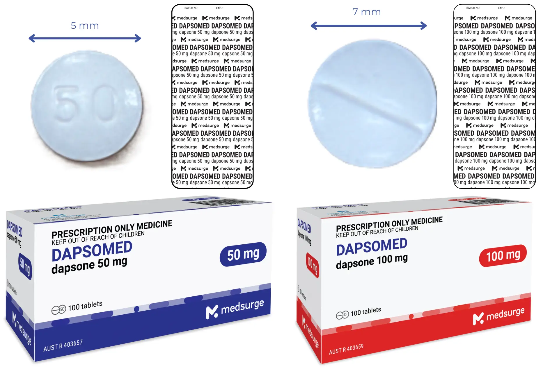 The 50mg Dapsomed box is blue and white, the 100mg is red and white. The 50mg tablet is 5mm, compared to 7mm for 100mg. 