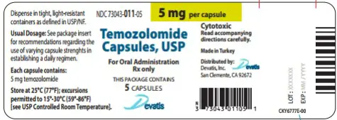 There's bold lettering exclaiming Temolozomide Capsules USP in the centre. the strength, 5 mg capsules, is highlighted with yellow at the top of the label.. 