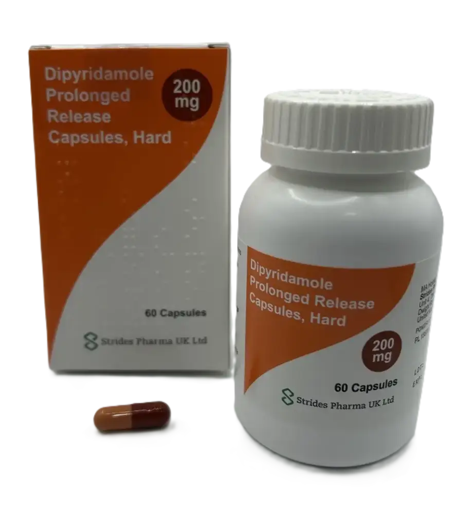 Strides Box, bottle and capsule. the packaging has an orange and white label. The capsule is red and orange.