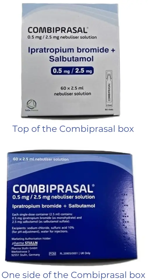 Combiprasal box, top is mostly white, with blue highlights, description of the medicine and a diagram of the vial. One side is mostly blue with details in white text and some braille.. 