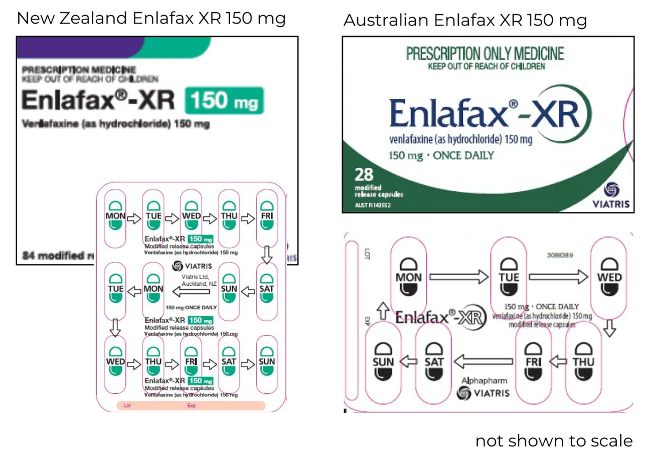The NZ box has a purple and teal colour block. The Australian box has a dark green swoosh. Both boxes say Enlafax XR 150 mg..