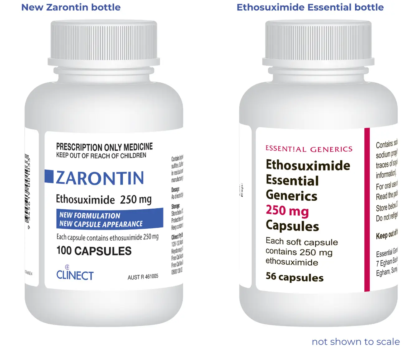 Zarontin bottle has Zarontin and "new appearance, new formulation" in blue. Essential Brand the strength written in pink and big pink line.. 