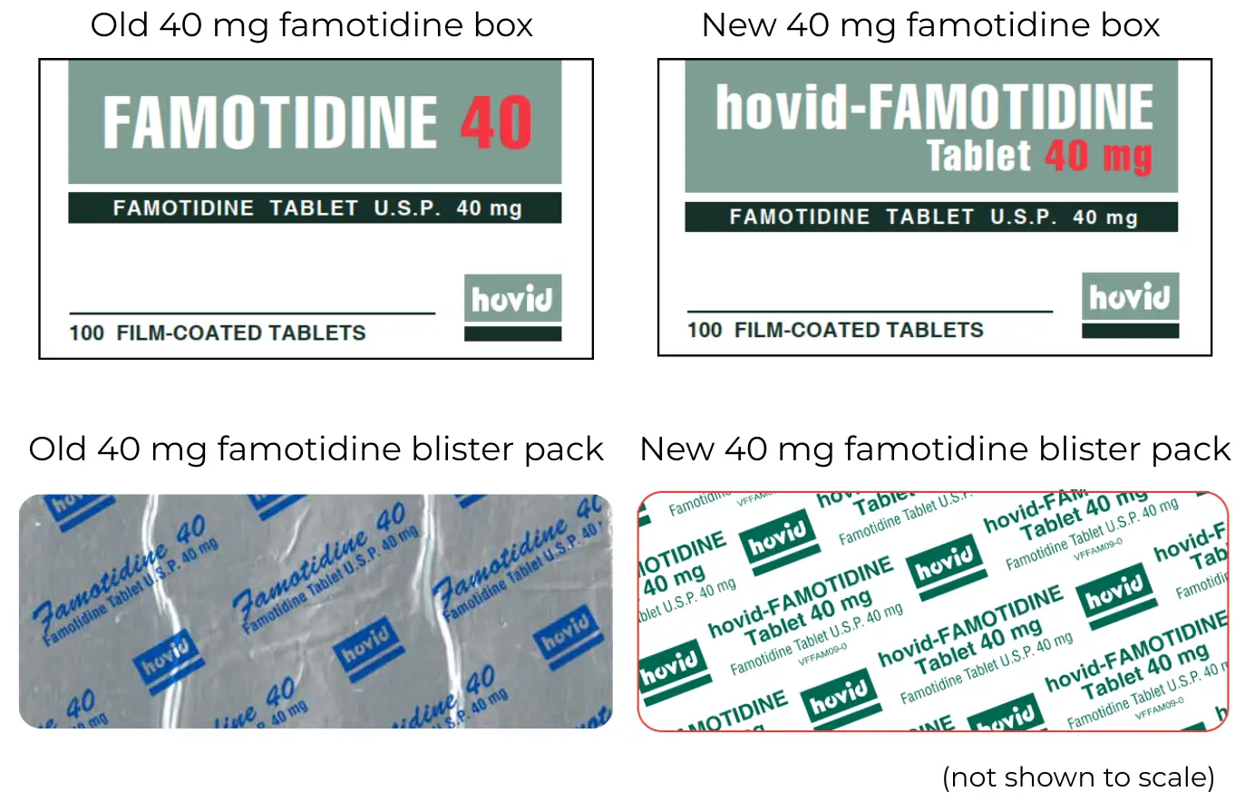 Key differences, new box has Hovid-Famotidine as the brand name and green printing on the blister pack with different fonts..