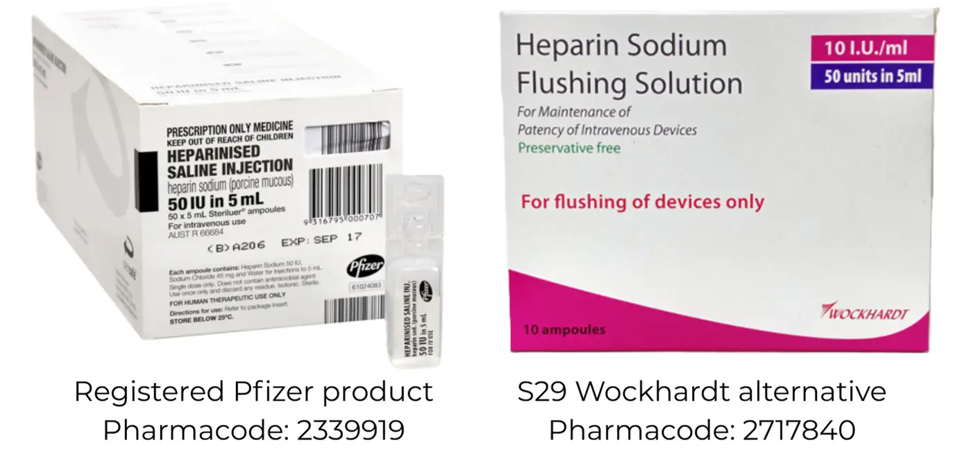 Two boxes, heparinised saline is black and white, Heparin Sodium states Flushing solution and has a pink swoop. Both have the same active and inactive ingredients.. 