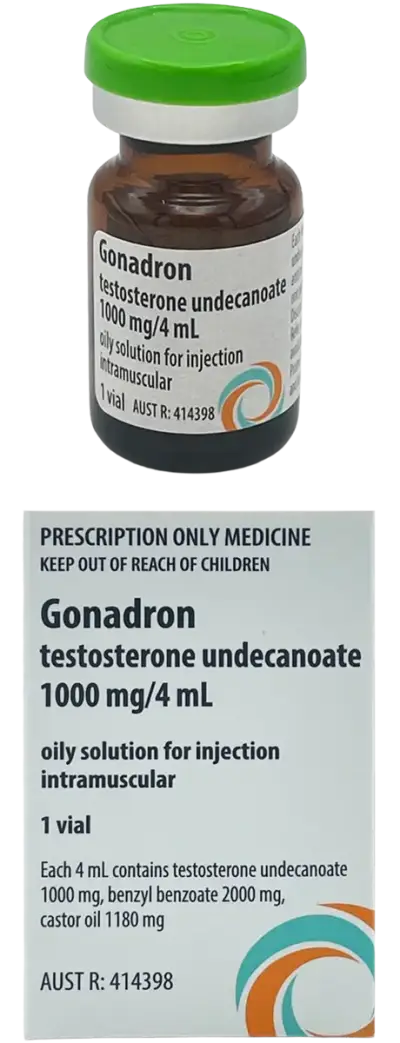 Brown glass vial with a bright green cap labeled “Gonadron testosterone undecanoate 1000 mg/4 ml oily solution for intramuscular injection,” shown above its packaging box. The box includes text “Prescription Only Medicine. Keep out of reach of children,” . 