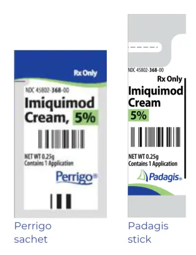 The stick is taller and narrower than the sachet. The products have the same blue green colours with black writing. 