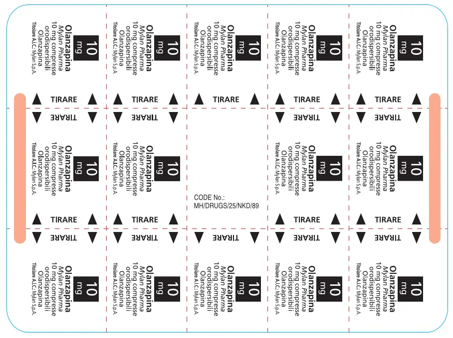 Blister pack label design, info appears over each tablet, 10 mg in black box, Olanzapina is the chemical name, Mylan Pharma the brand Other text appears in Italian.
