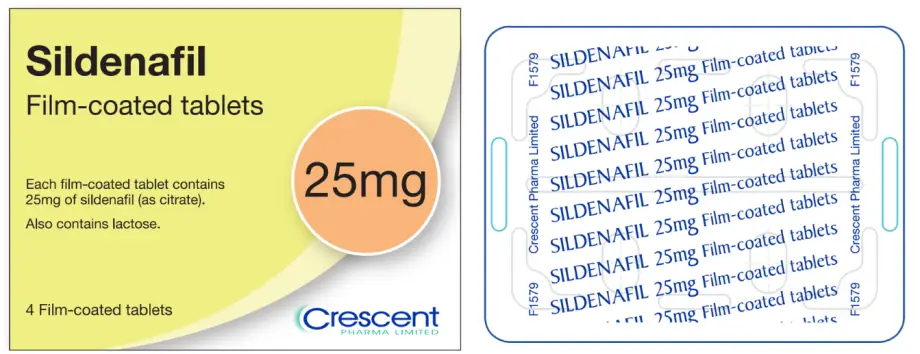 The box is yellow and white. The dose (25 mg) is in a peach-coloured circle . 
