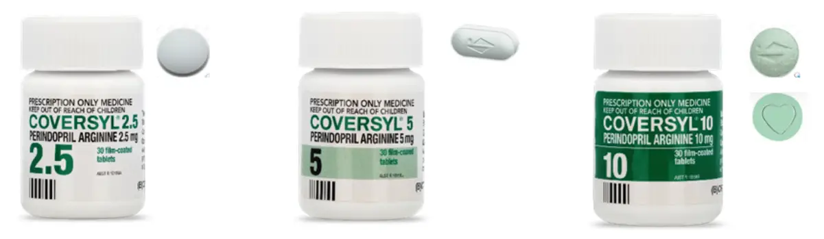 The bottles are white with childproof tops. The 2.5mg tablet is round and white, 5mg is oblong, pale green and has the Servier logo on one side, the 10mg is light green with a heart on one side and the Servier logo on the other.. 