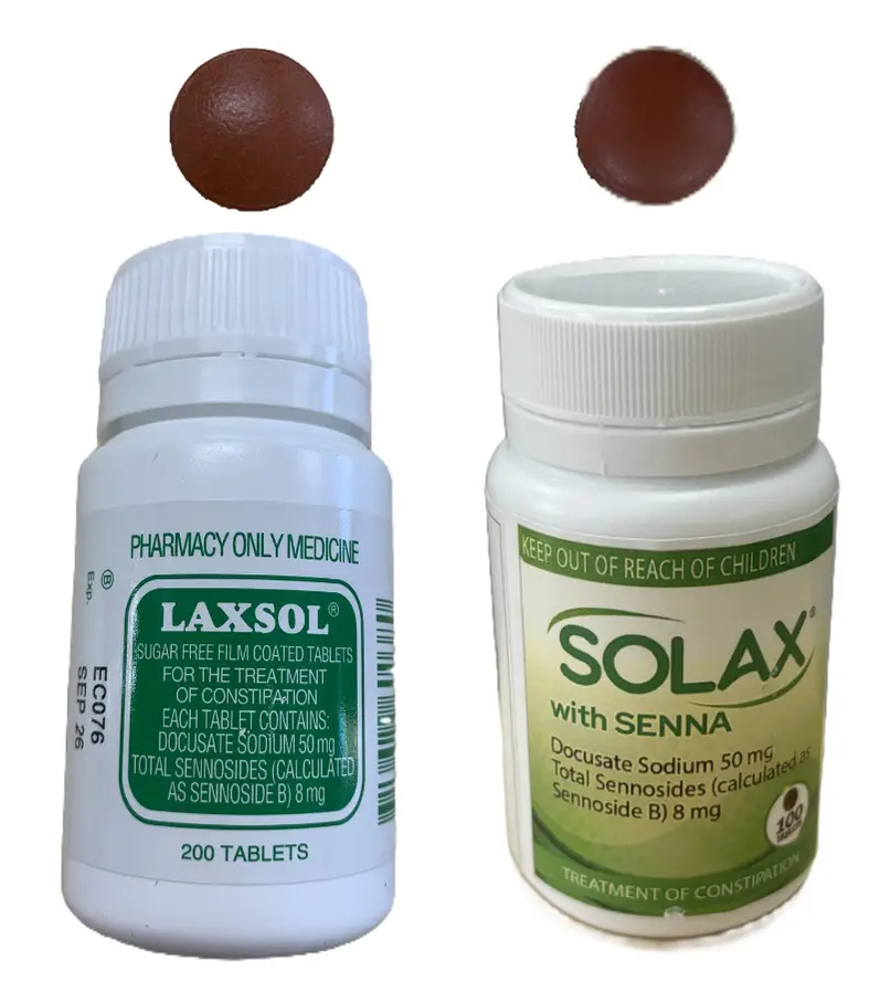 Laxsol bottle has green label and is a maroon tablet, Solax bottle has more shades of green the tablet is the same maroon colour and similar size and shape. . 