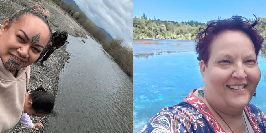 Two photos combined. Patsy takes a selfie at a river's edge, her children are behind her inspecting rocks. Leanne also has water behind her .