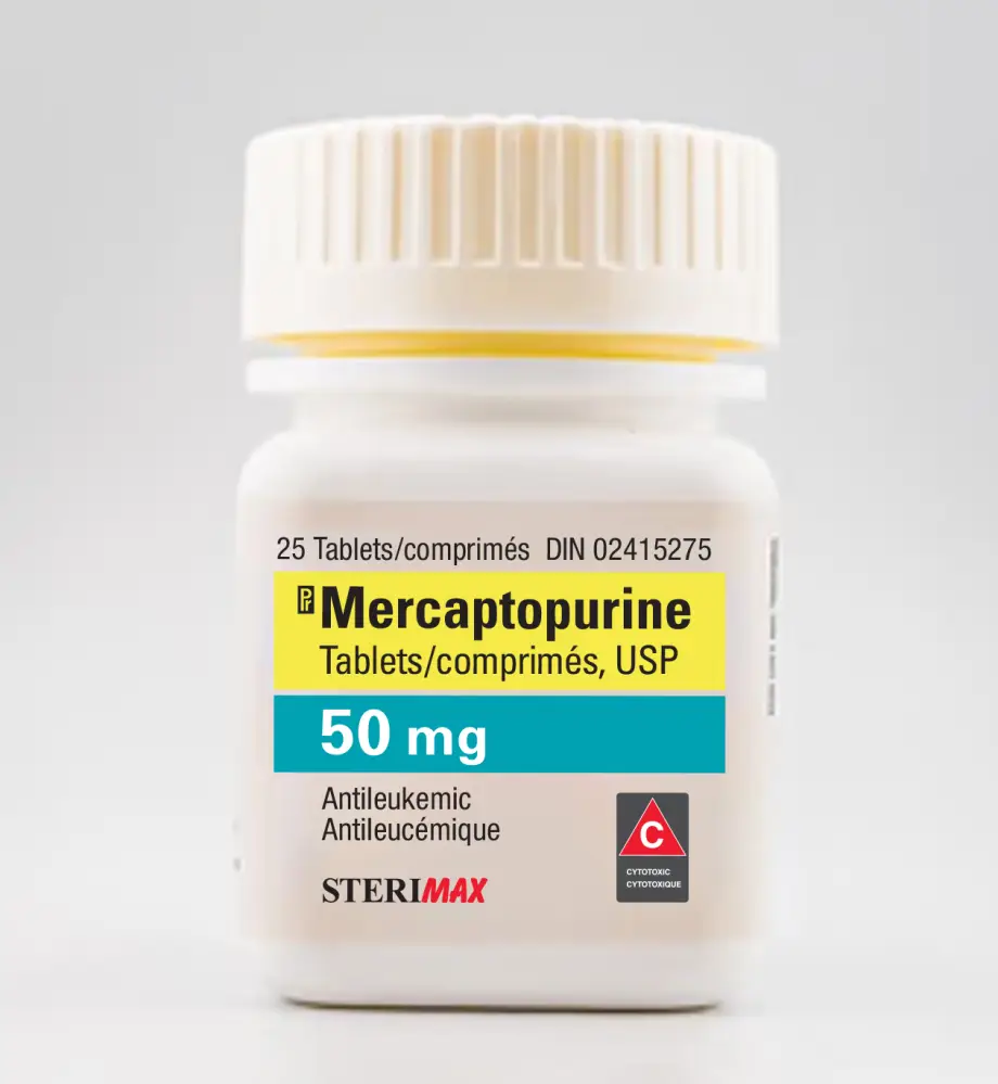 Bottle of Sterimax Mercaptopurine 25 tablets at 50 mg with a yellow and blue label. Packaging contains cytotoxic warning label.. 