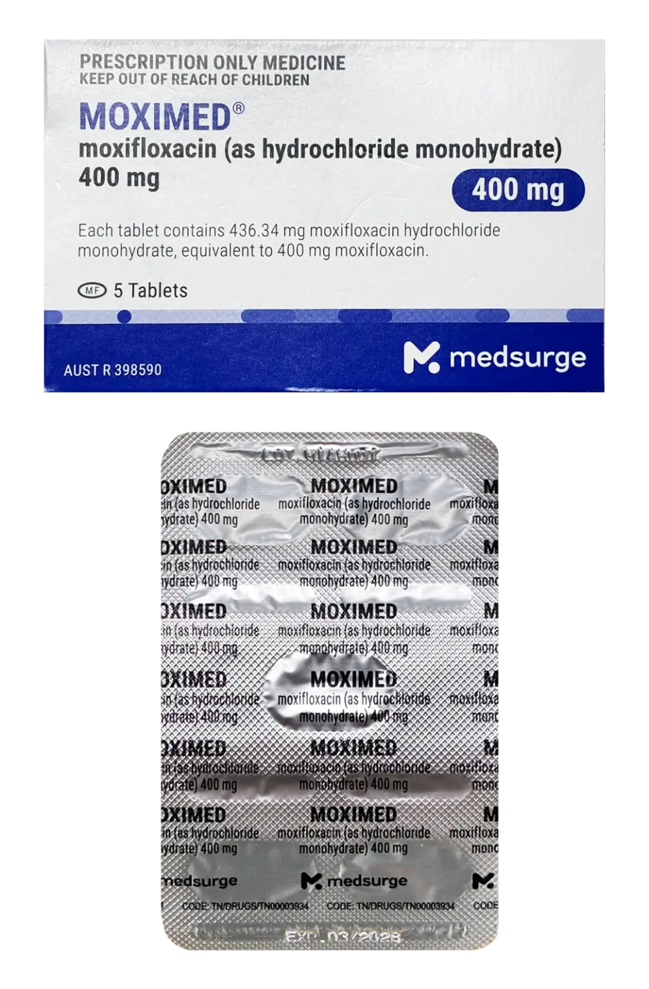 Moximed 400 mg prescription medicine packaging and blister pack. Box is white with a blue strip along the bottom. It notes dosage, 5 tablets, and Medsurge branding; foil pack repeats product name and strength.. 