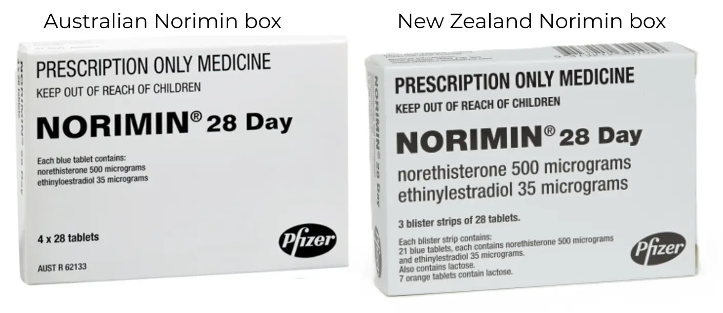 NZ and Australian Norimin boxes are both white with black lettering, the NZ pack has larger text for the active ingredients and more text generally.. 