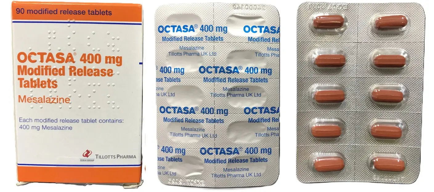 Octasa packaging is orange and white with a blue pinstripe. The blister pack has blue writing and the tablets are red-brown in colour..