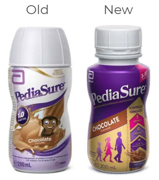 The new pediasure bottle has a different style of cap, and the label has more dark purple. The monkey is replaced by outlines of children at different age stages.. 