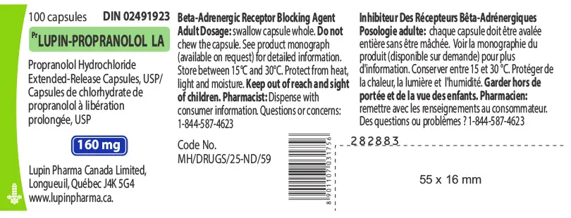 Copilot said: Medication label for Lupin-Propranolol LA 160 mg extended-release capsules (propranolol hydrochloride). Includes dosage and storage instructions, Lupin Pharma Canada details, barcode, package dimensions, and English/French text.. 