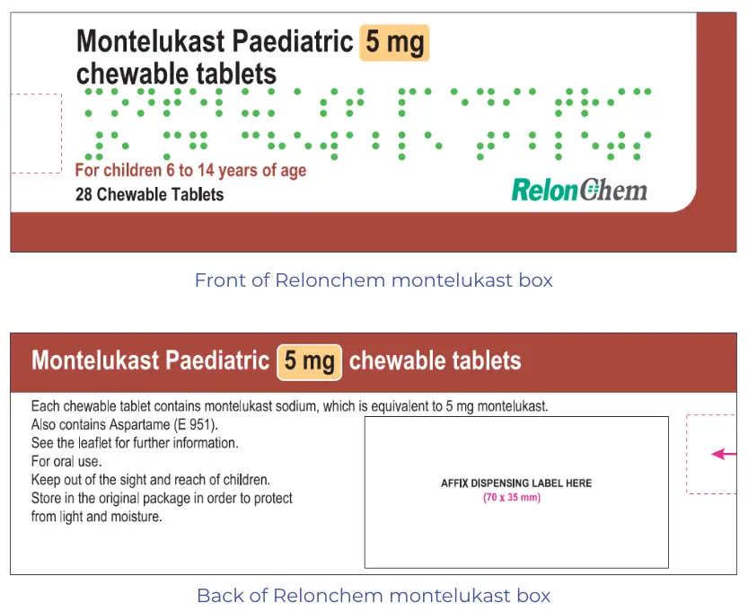 Box has highlights in a reddish/brown colour and has braille, which gives the name and dose of the medicine.. 