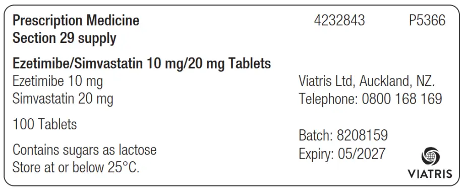 White label with black text giving the medicine name, strength, and Viatris' contact details.. 