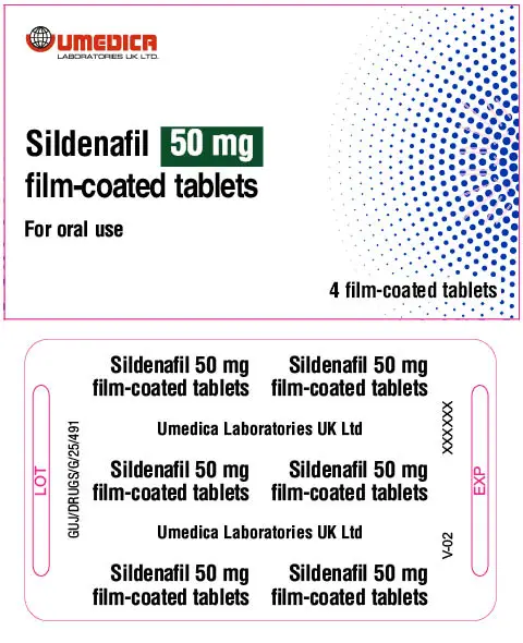 Umedica Laboratories UK Ltd Sildenafil 50 mg film-coated tablets packaging, showing outer carton and blister foil. White pack with blue dotted graphic, oral use instructions, and 4-tablet quantity.. 