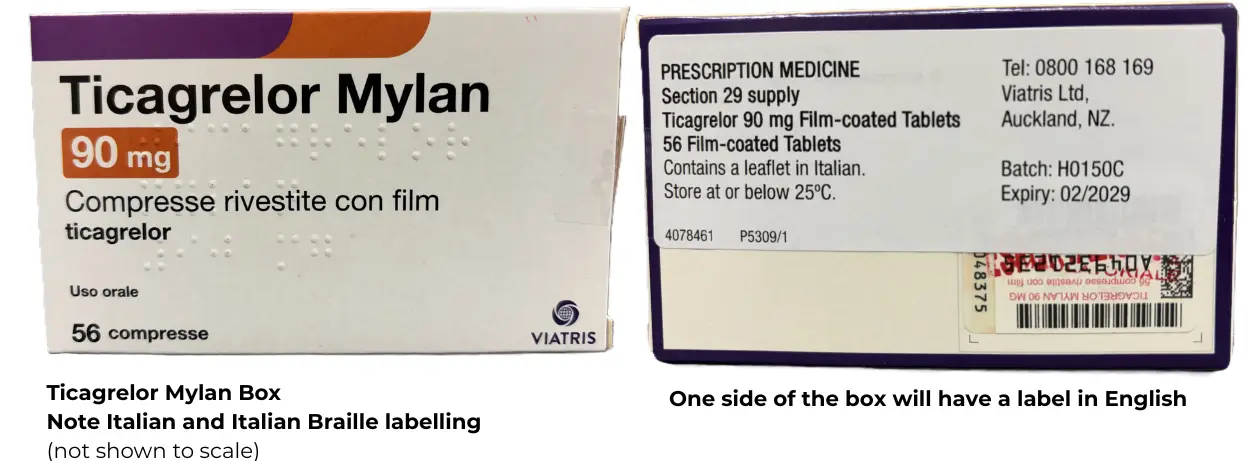 The mylan box is mostly in Italian and has Italian braille, with orange and purple highlights. One side of the box will have a sticker with English information.. 
