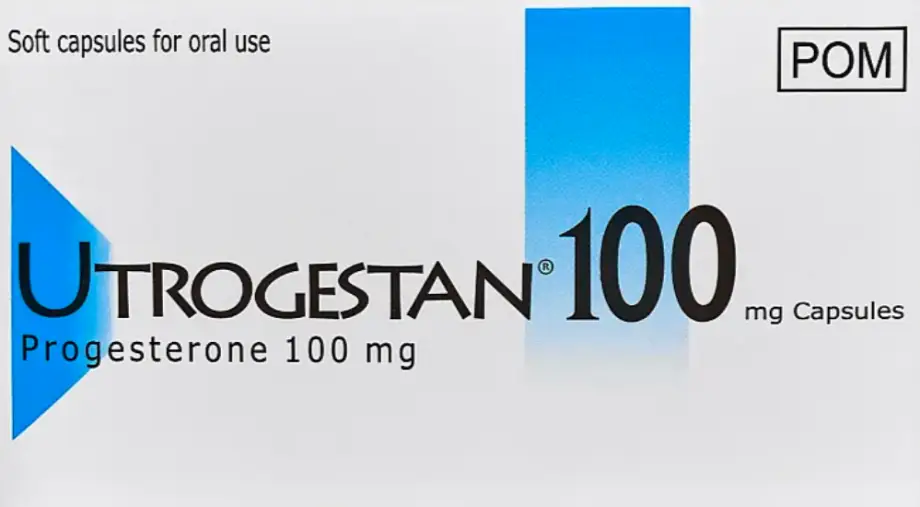 An image of the alternative UK utrogestan 100mg packaging. The packet is white with blue details, and the words Utrogestan 100 across the front.. 