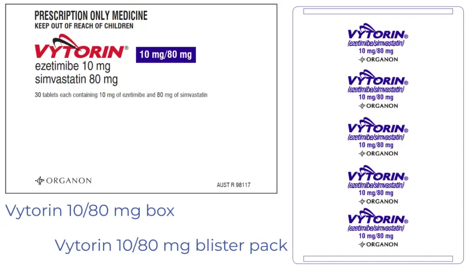 The Vytorin box is mostly white with the brand in bright red letters. The bli. 