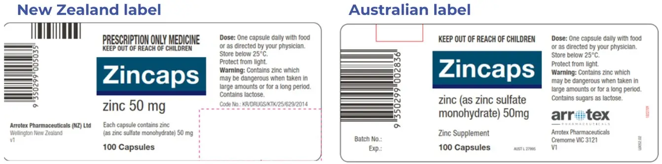 The brand name, Zincaps, appears identically on both labels but there are other small differences between the 2 countries' labels.. 