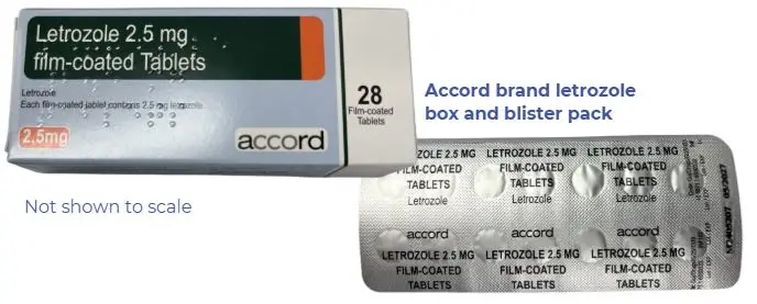 Letrozole box is light blue. The words, Letrozole 2.5mg film-coated capsules, appear in a black box. The blister pack has the accord brand name..
