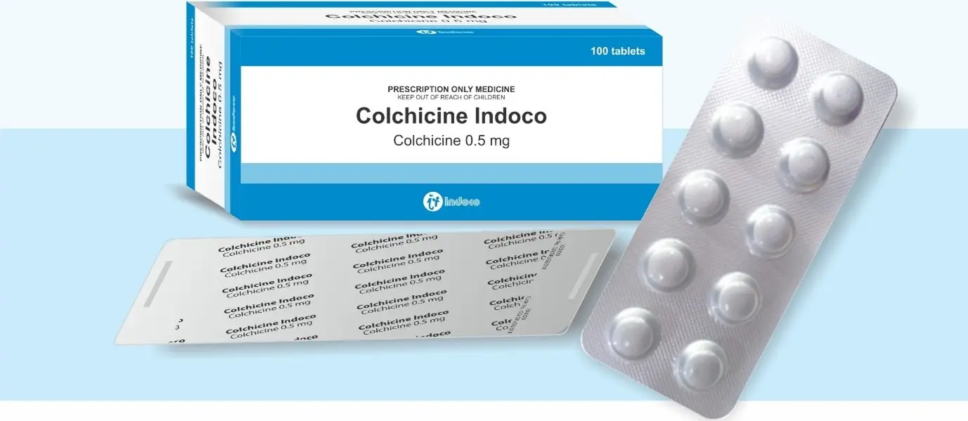 Box and blister packs of Colchicine Indoco. 