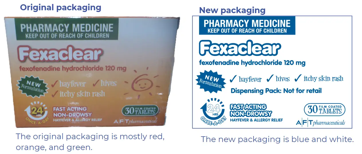 Original box is mostly red, orange and green, the new box is blue and white. New box has additional wording "dispensing pack: not for retail". 