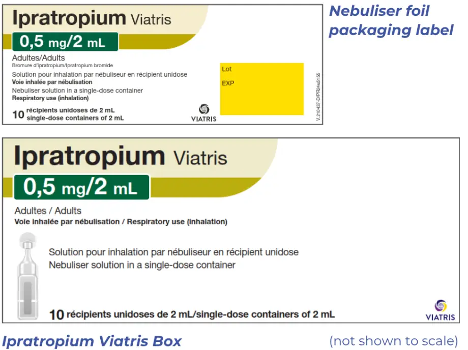 Viatris packaging is mostly white with highlights in different green tones. The box has braille information on it in French. . 
