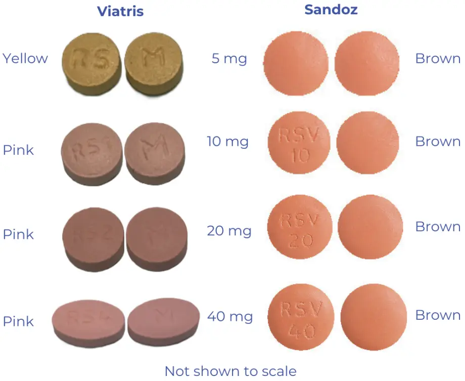 Sandoz tablets are brown. The 5 mg tabs are blank, the higher strength ones have RSV and the strength stamped into the tablet.. 