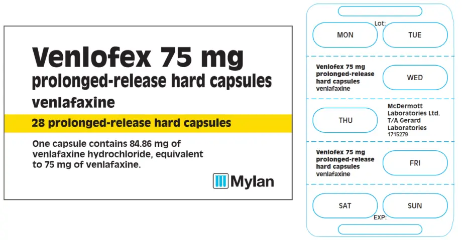 Box is white with black text and a yellow strip, The blister pack labels each tablet with a day of the week.. 