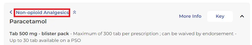 Screenshot of the paracetamol listing. There's a red box around the therapeutic group link, the double chevron comes after the link..