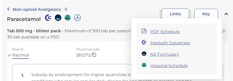 Paracetamol listing. The "links" button has been activated and the menu dropped down. There are also icons next to the "paracetamol" title that match the drop down. .
