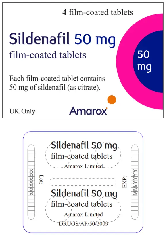 Amarox box is mostly white with purple and pink circles. The strength is written prominently.. 
